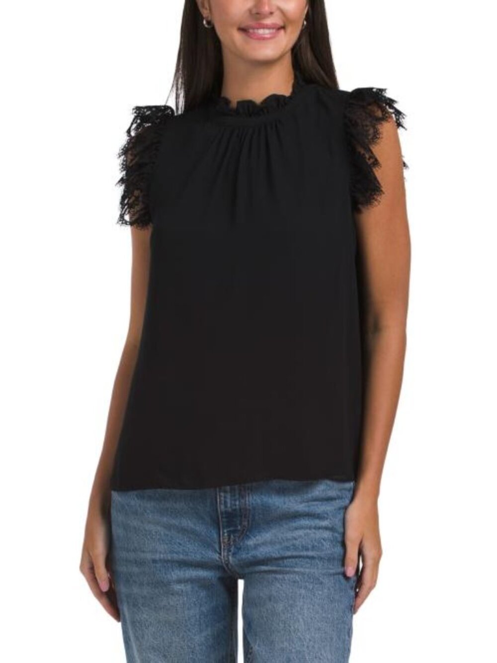 CATHERINE MALANDRINO Petite Ruffle Mock Neck Top With Lace